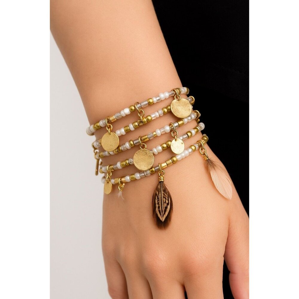 Sophia & Kate Boho Gold White Beaded Feather Wrap Bracelet with Charms NWT